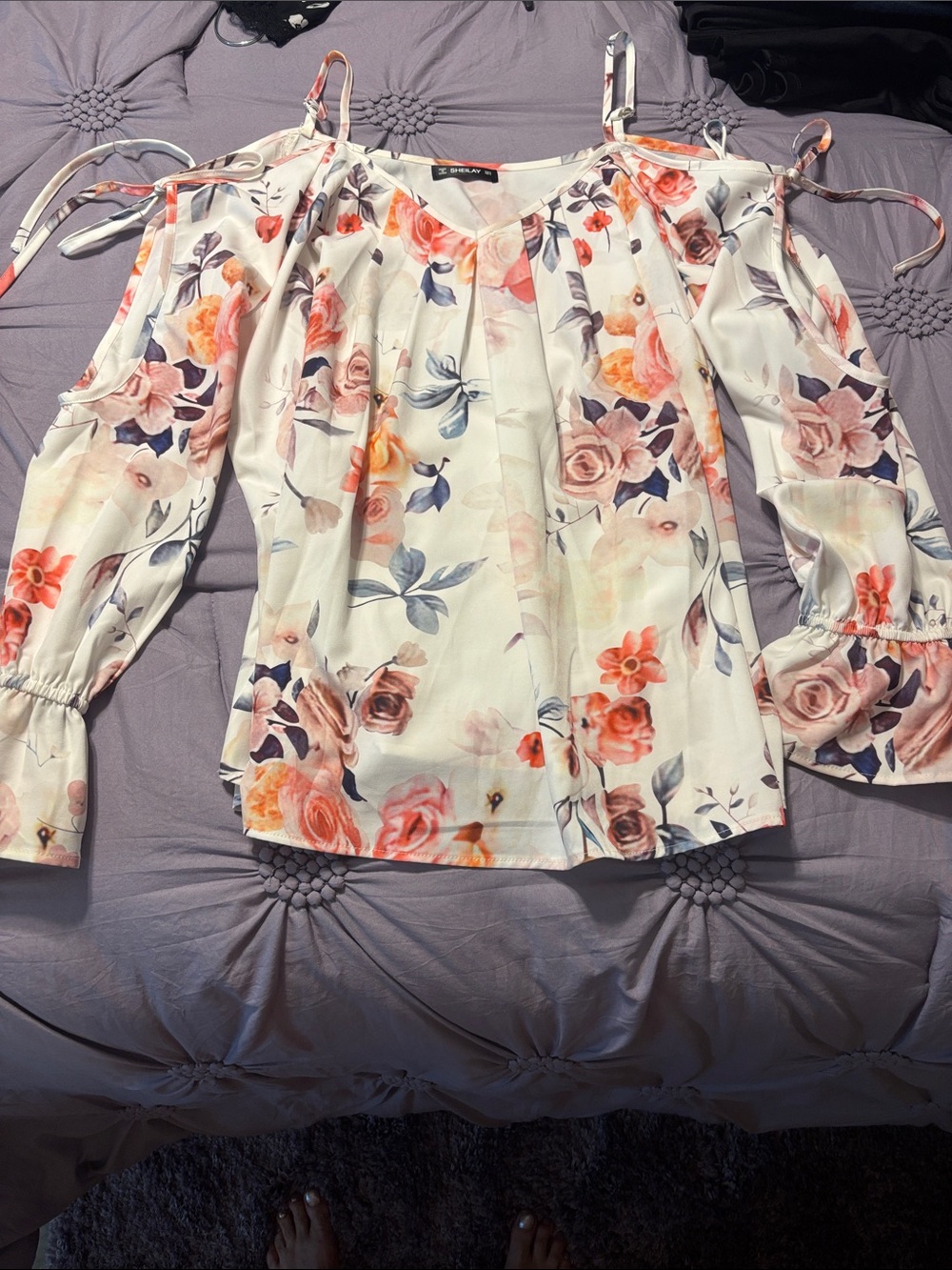 Floral Cold-Shoulder Blouse - White with Pink & Peach Flowers